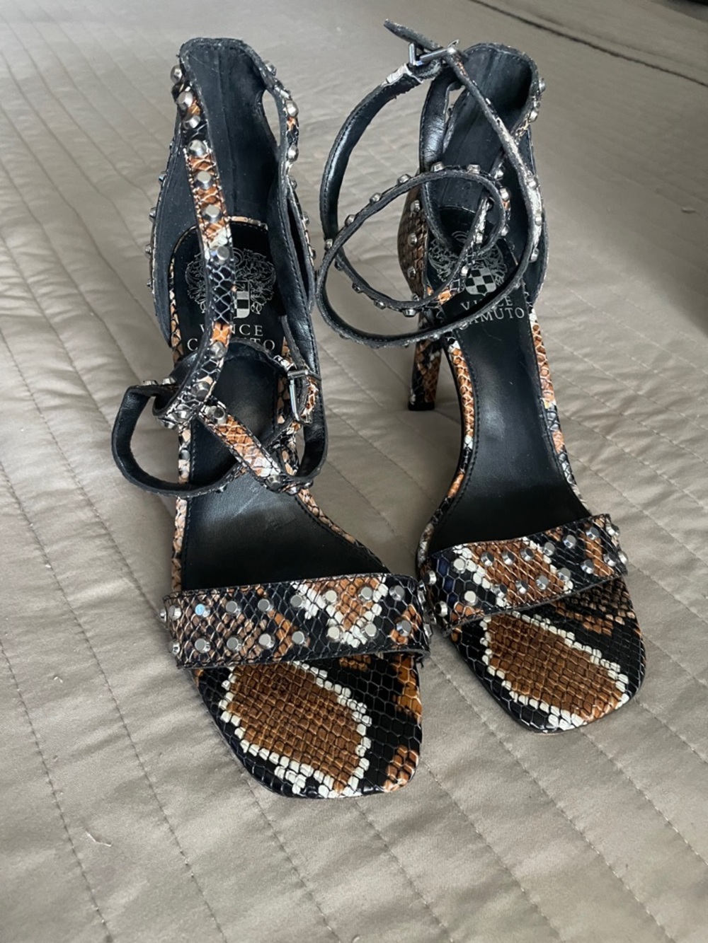 Vince Camuto Black and Brown Snake-Print Ankle Strap Heels